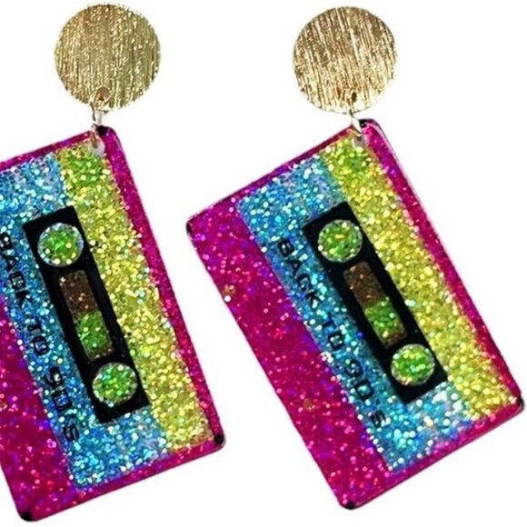 NEW Retro Glitter Cassette Tape Dangle Earrings - Picture 5 of 5